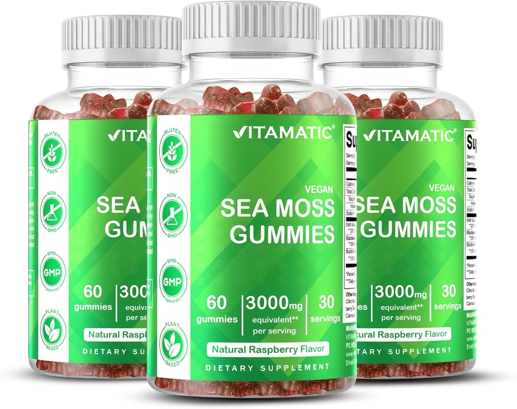 Vitamatic 3 Pack Irish Sea Moss Gummies- 3000mg Ækvivalent Per Servering (fra ekstrakt 132,5 mg) - 60 Ct - Lavet med Bladerwrack & Burdock Root - Seamoss supplement til Thyroid, Energi, immunforsvar