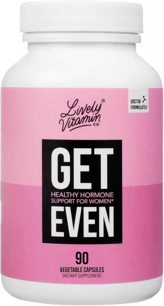 LIVELY VITAMIN CO. Get Even - Kvindernes Hormonal Balance Blend - Hjælper med at reducere sværhedsgraden af perioder, PMS & Menopause - Eases Cramps & Bloating - Food Regulering - Periode smerter og ubehag - 90 Greve
