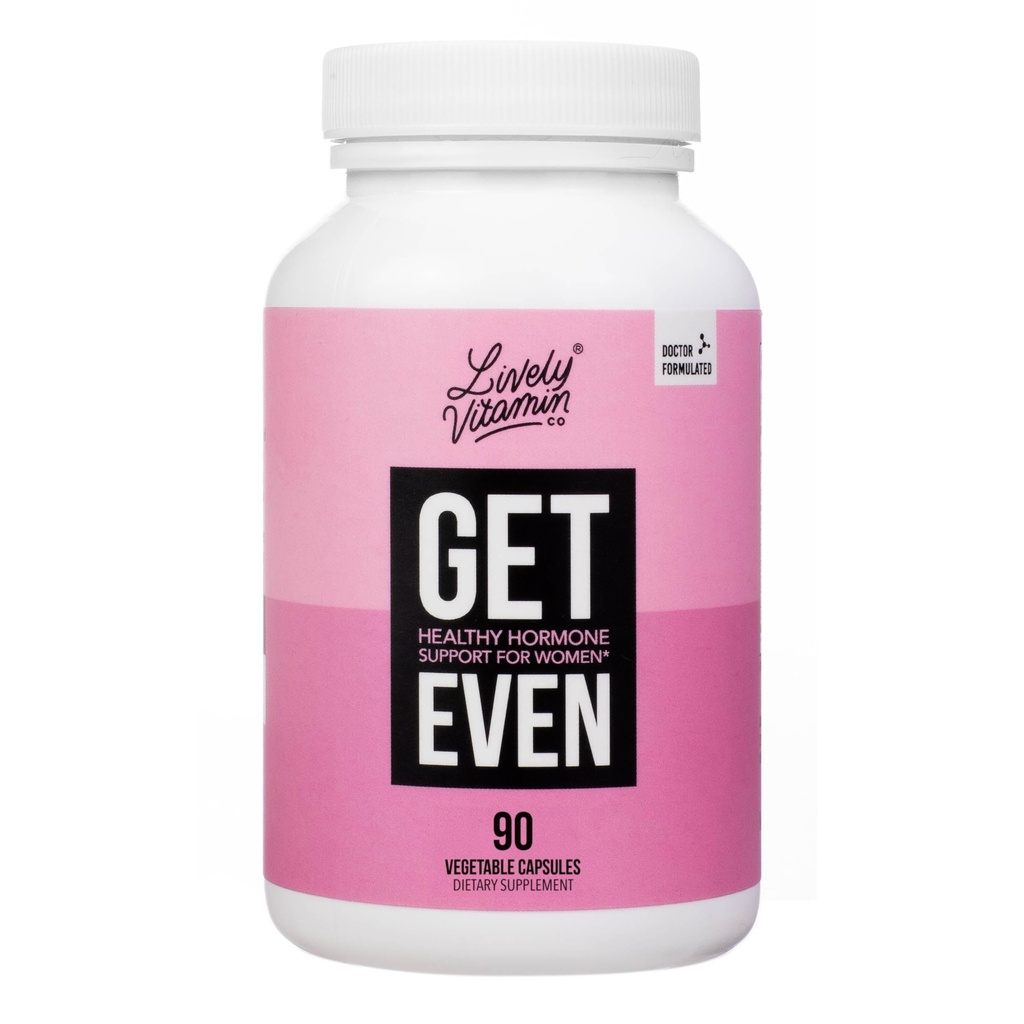 LIVELY VITAMIN CO. Get Even - Kvindernes Hormonal Balance Blend - Hjælper med at reducere sværhedsgraden af perioder, PMS & Menopause - Eases Cramps & Bloating - Food Regulering - Periode smerter og ubehag - 90 Greve