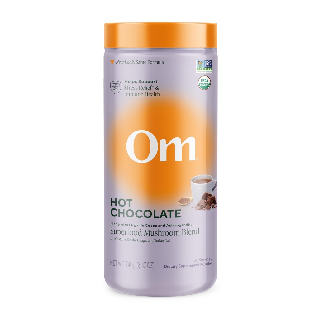 OM MUSHROOM SUPERFOOD Hot Chocolate Blend - hollandsk kakao med løvens Mane, Reishi, Chaga & Turkey Tail - Understøtter fokus, rolig & stress Relief - 2g sukker, 25 kalorier - 8.47 oz Canister (30 Servere)