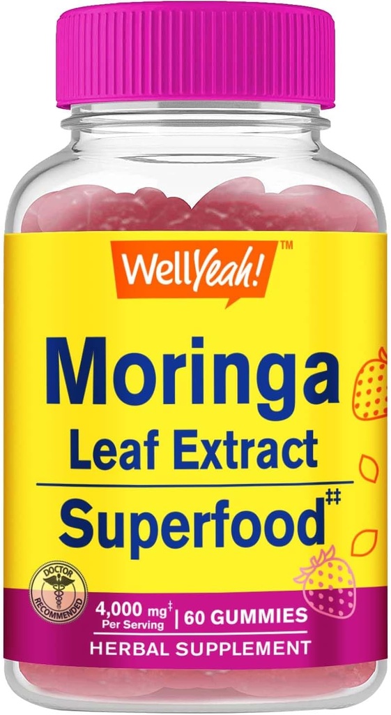 WellYeah Moringa Leaves Extract Gummies (4,000mg) | Antioxidants, and Immune Support | Gluten Free, Non GMO | Strawberry Flavor | 60 Count