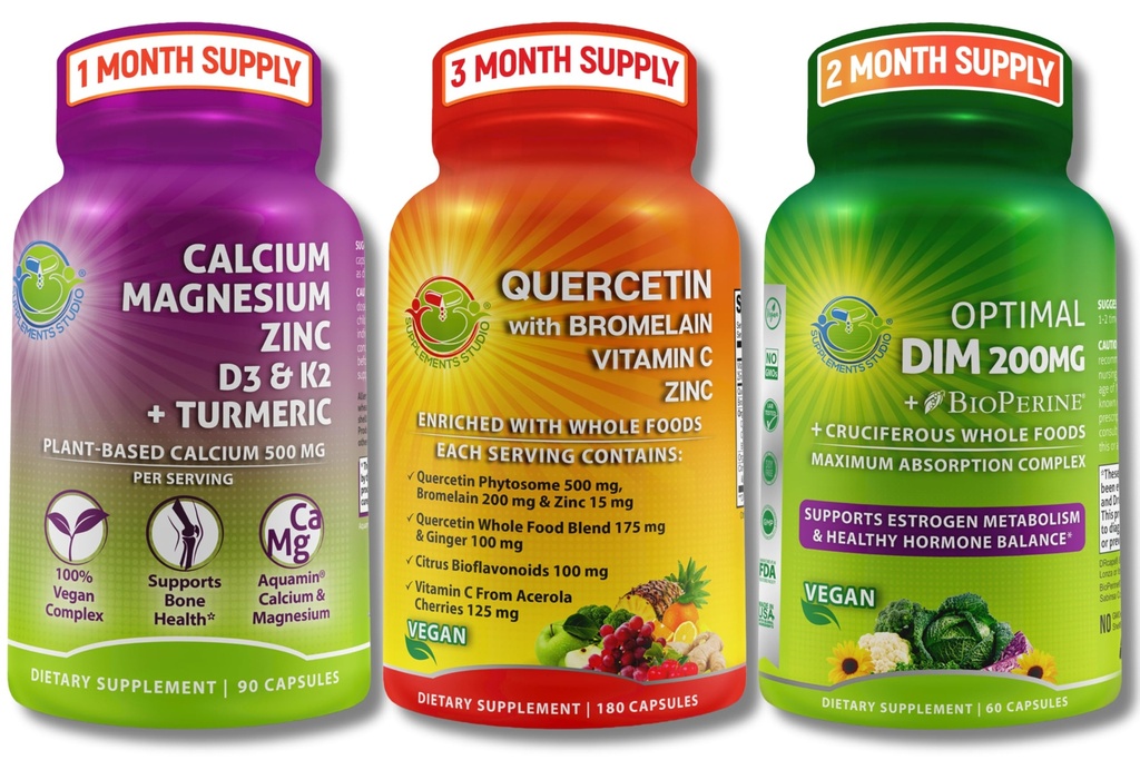 Vegan Bone, Immunum, & Hormonal Support Trio - Plantbaseret Calcium, Magnesium, Zink + D3, K2 & Gurkemeje + Quercetin med bromelain, C-vitamin, Zink + DIM 200mg & BioPerine ® i delayed- Release kapsler