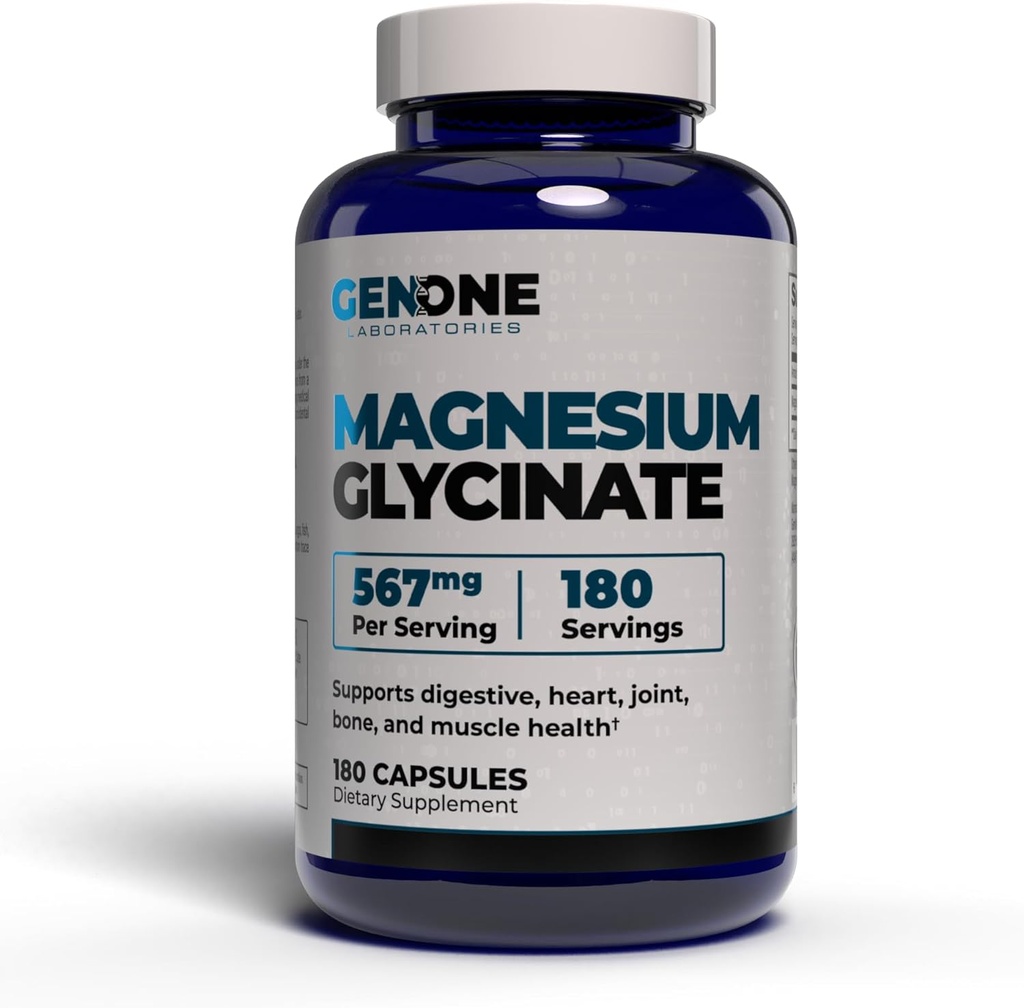 Genone Magnesium Glycinat kapsler - Forbedret Absorption for ben & mental support - Forsigtighed på Mave 567mg per servering - 180 Tæl