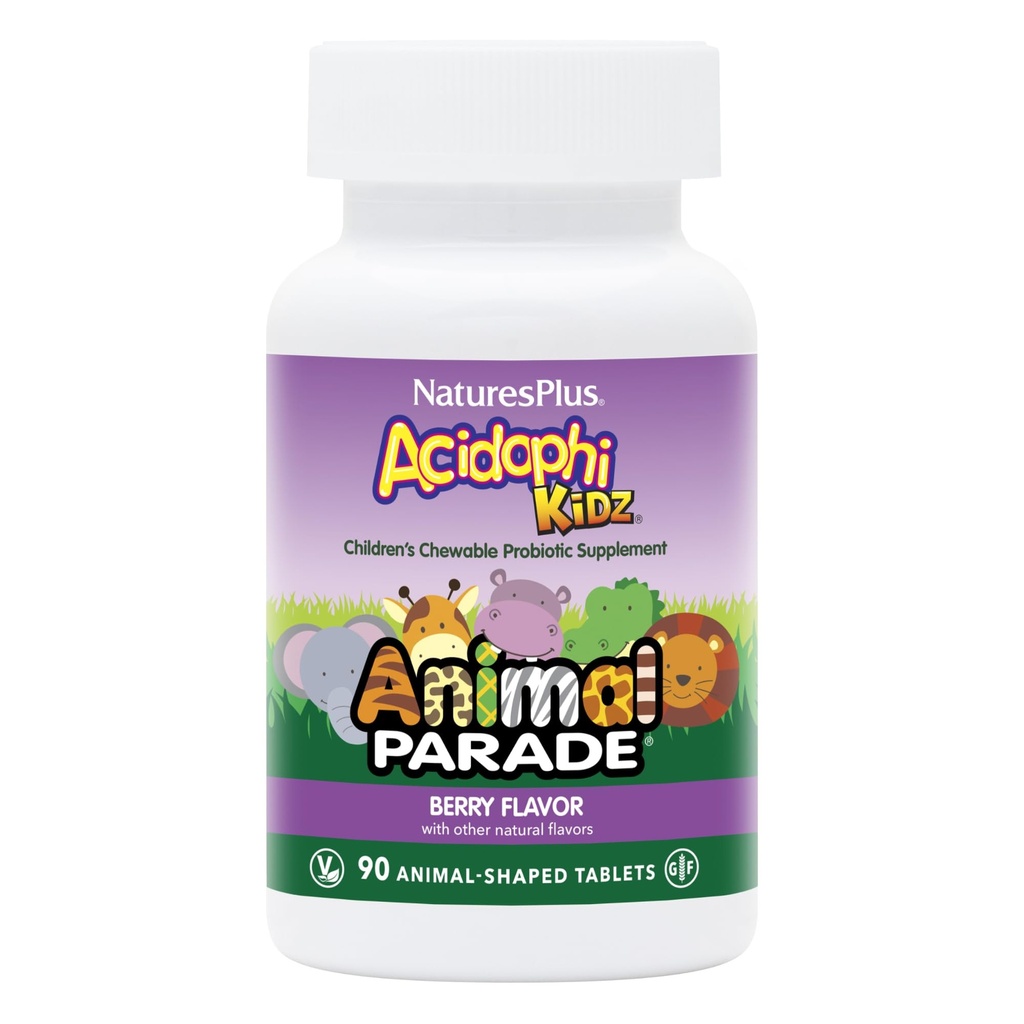 NaturePlus Animal Parade AcidophiKidz, Berry Flavor - 90 Chewable, Animal- Shaped Tablets - Pack of 2 - with Probiotics, FOS & Grape Seed - 180 Total Servering