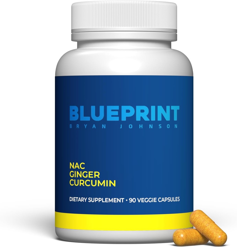 Blueprint Bryan Johnson NAC Supplement - fremmer stress relief, immunsystemet funktion, luftvejssygdomme - omfatter N-Acetyl- L-Cysteine, Ingefær, Curcuminoids - afgiftning - Vegan (30 Servere)