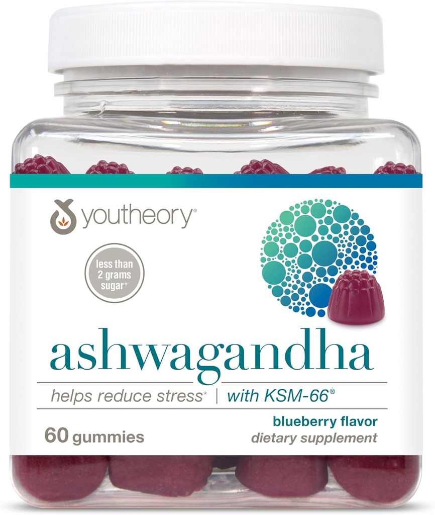 Youtheory Ashwagandha - Vegetarisk Energi & Stress Support Supplement med Økologisk KSM- 66 & Ginger Extract - Lavsukker - Blåbær, 60 Gummies (30-dages levering)