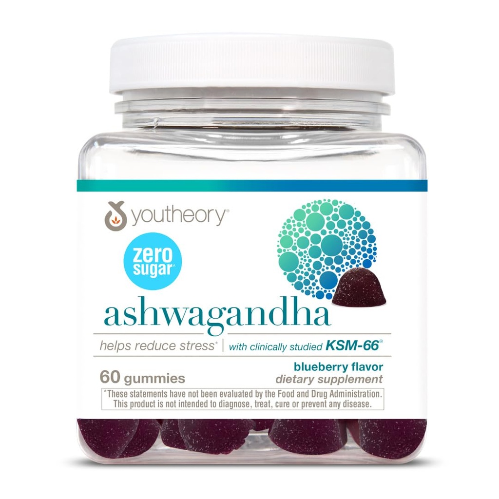 Youtheory Ashwagandha - Vegetarisk Energi & Stress Support Supplement med Økologisk KSM- 66 & Ginger Extract - Lavsukker - Blåbær, 60 Gummies (30-dages levering)