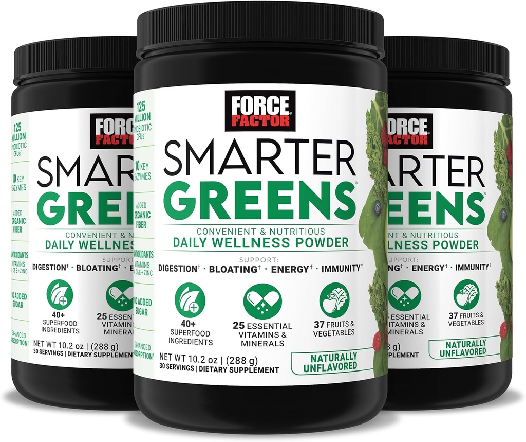 Force Factor Smarter Green Daily Wellness Powder 3- Pack to Support Energy, Immunity & fordøjelse, Green Powder, Superfood Powder med vitaminer, Minerals & Probiotika, Unflavored, 90 Serveringer