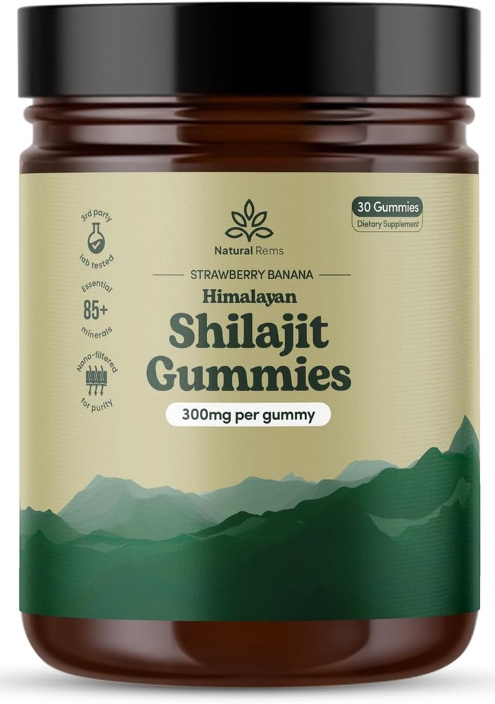 Natural Rems Organic Shilajit Gummies for Mænd og Kvinder - Lab Testet - Lavet i USA - Pure Himalayan Organic - Fulvic Acid - Energi og fokus - Holistiske kosttilskud (Strawberry Banana)