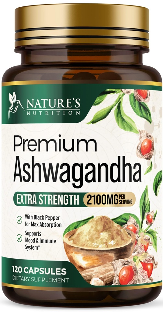 Ashwagandha Kosttilskud - 2100mg Ashwagandha Capsule for Women & Men, Natural Antioxidant Support, Ashwa Root Extract, Extra Strength Calm Support med Black Pepper, Vegan & Gluten Free - 120 Kapsler
