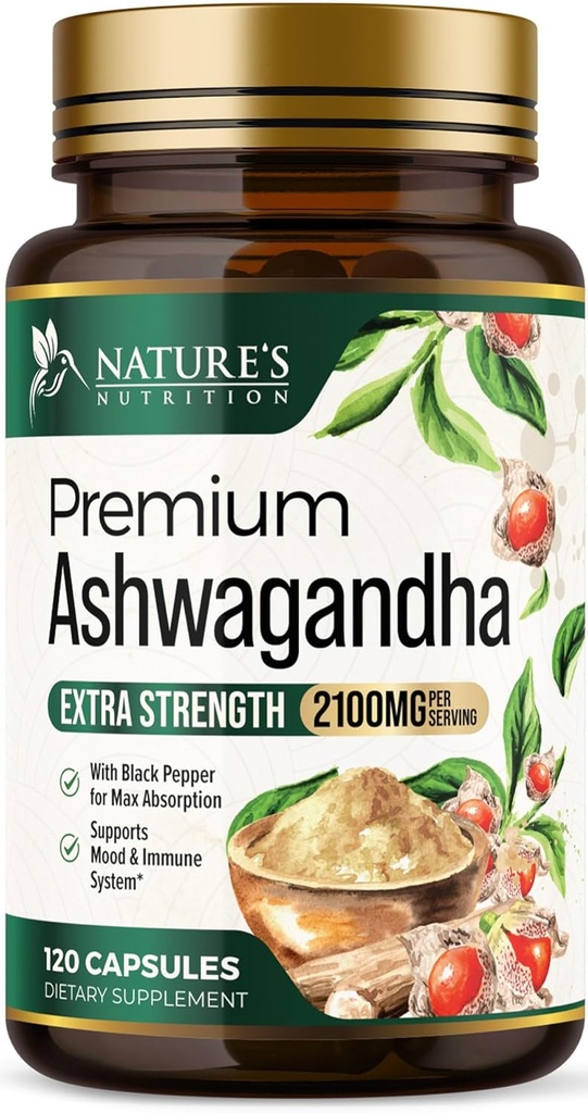 Ashwagandha Kosttilskud - 2100mg Ashwagandha Capsule for Women & Men, Natural Antioxidant Support, Ashwa Root Extract, Extra Strength Calm Support med Black Pepper, Vegan & Gluten Free - 120 Kapsler