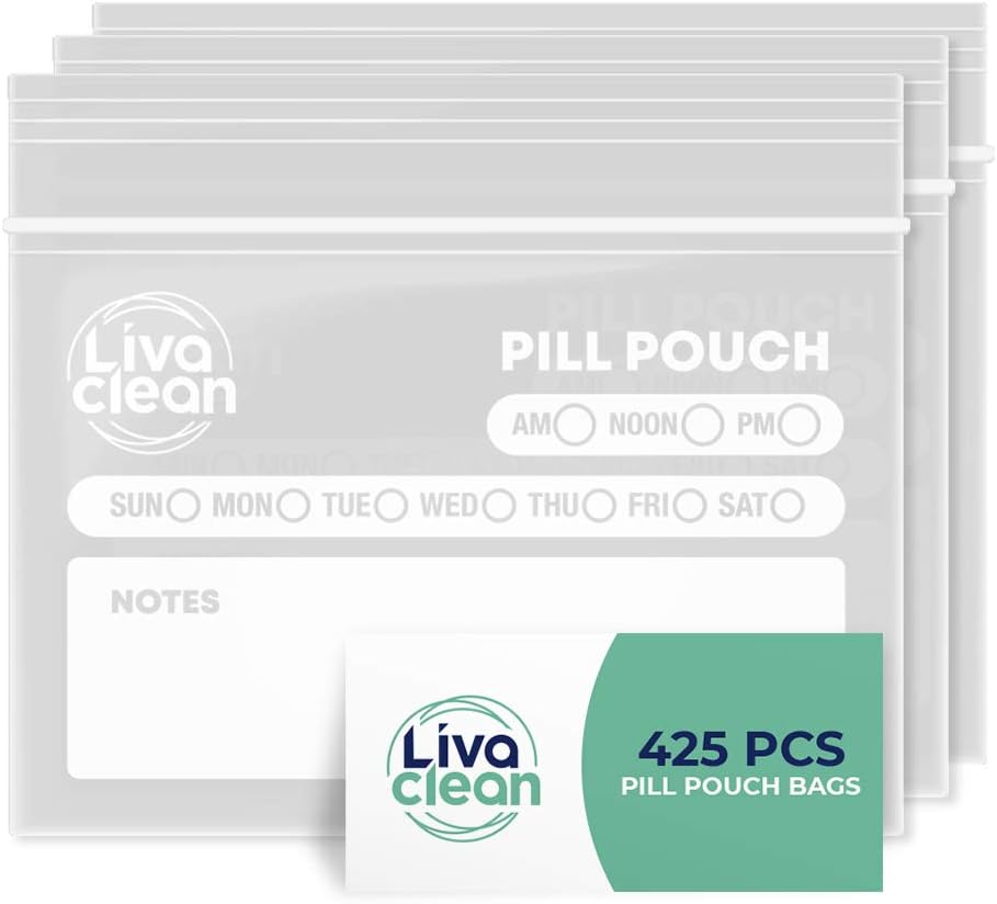 LivaClean 425 Pack Opgraderet Tykkelse Pill Pouches til Rejser - Pill Tasker, Medicinske taske til Rejser