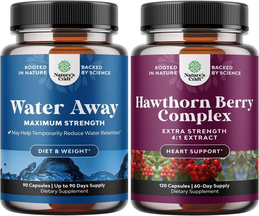 Bundle of Water Away Fluid Retention med Mælelion Leaf Extract & Green Tea for Bloating Relief og høj styrke Hawthorn Berry Kapsler med Leaf & Flower Extract 4: 1 for sund hjerte & fordøjelse