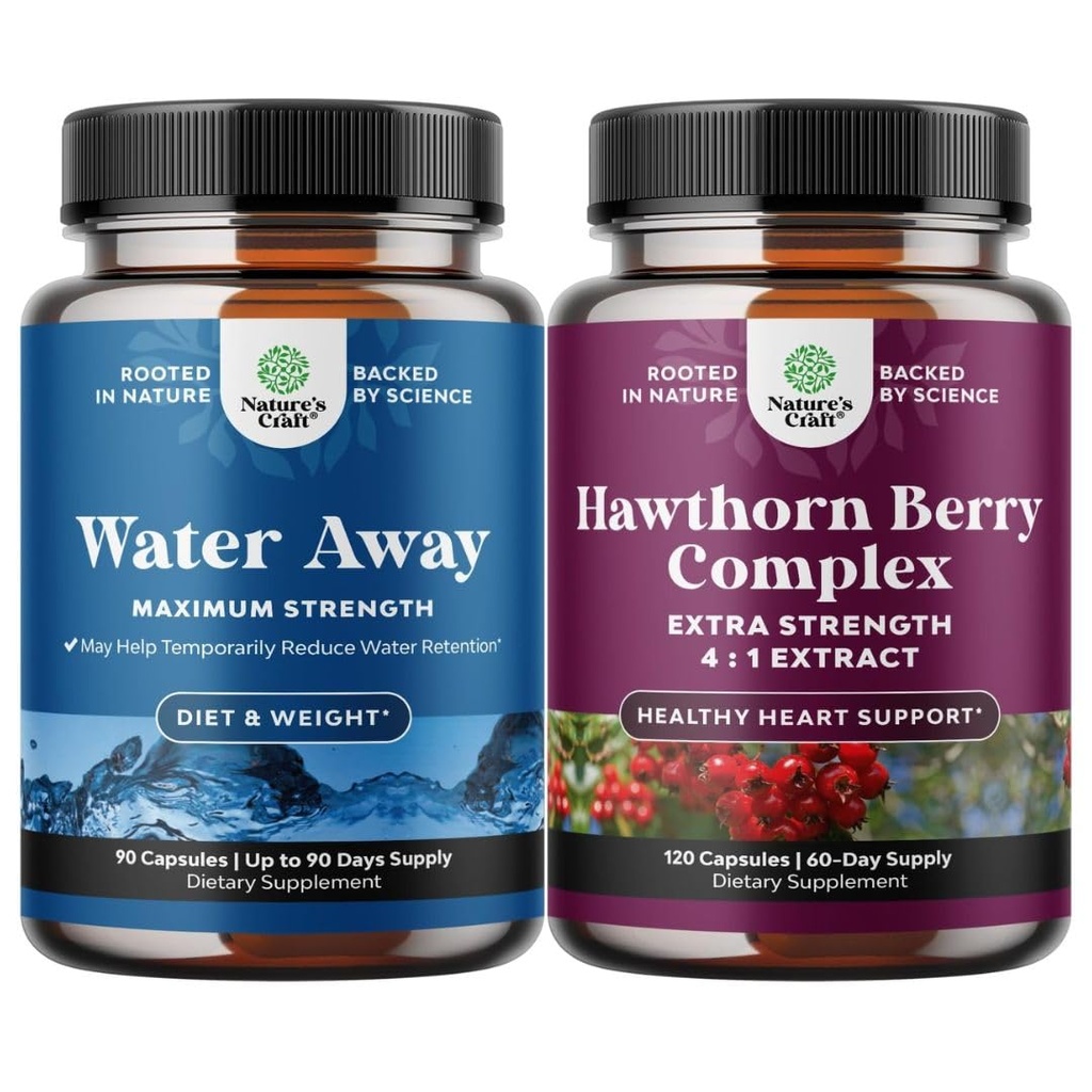Bundle of Water Away Fluid Retention with Dandelion Leaf Extract & Green Tea for Bloating Relief and High Strength Hawthorn Berry Capsules with Leaf & Flower Extract 4:1 for Healthy Heart & Digestion