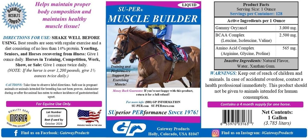 SU- PER Muscle Builder Horse Supplement - Træning og ydeevne støtte til træning af muskler - 1 Gallon, 4 Måned Supply