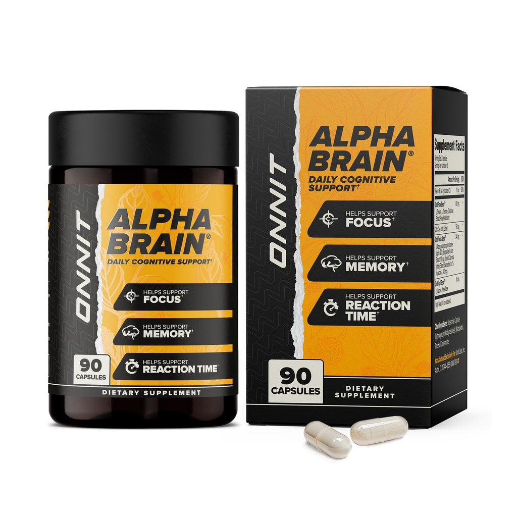 ONNIT Alpha Brain Nootrop Brain Supplement for fokus, hukommelse, mental Klarhed, kognitiv støtte med L- Theanin og vitamin B6, 90 Tæl
