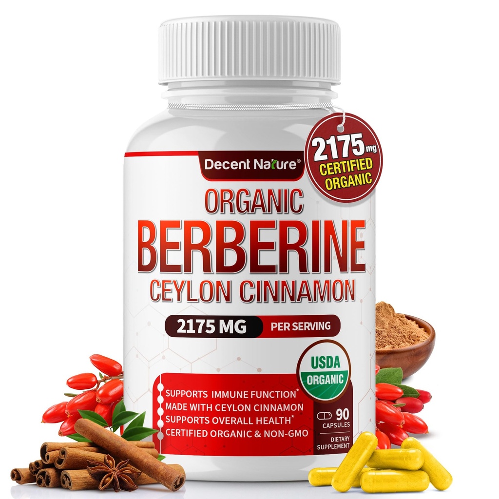 Organic Berberine med Ceylon Cinnamon 2175mg - Premium berberine supplement høj renhed ekstrakt USDA Organic, støtte immunsystem, Berberine Plus Complex, Non- GMO Vegan for mænd Kvinder 90 Kapsler