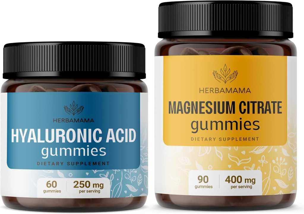 HERBAMAMA Hyaluronsyre og magnesiumkit - Bundle med 250 mg Hyaluronsyre & 400 mg Magnesium Citrate Gummies - Vegan, Non- GMO, Gelatin- Free - 2 Pack