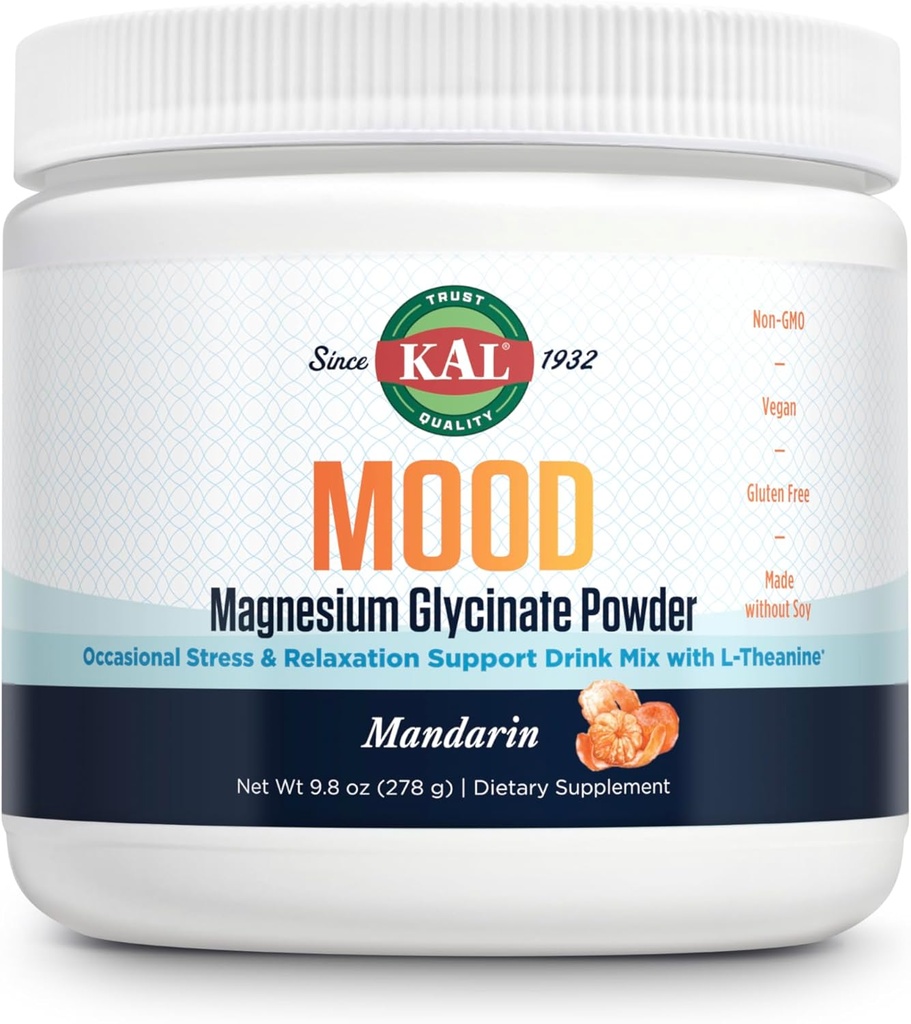 KAL Mood Magnesium Powder med L- Theanin - Mandarin Flavor Magnesium Supplement - Afslapning Support, Høj Absorption, Ingen tilsat sukker, Vegan, Gluten Free, Made without Soy - 40 Servere, 9.8 oz