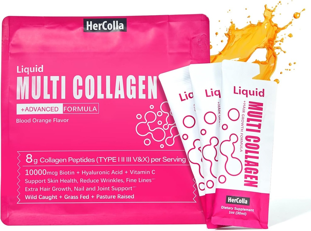 Flydende collagen til kvinder, 10000mcg biotin, 8000mg Multi Type Collagen Peptider, Hyaluronsyre, C-vitamin, hud, negle, hårtillæg, Orange Flavor, 10 Fl oz. (1 pakke, Orange)