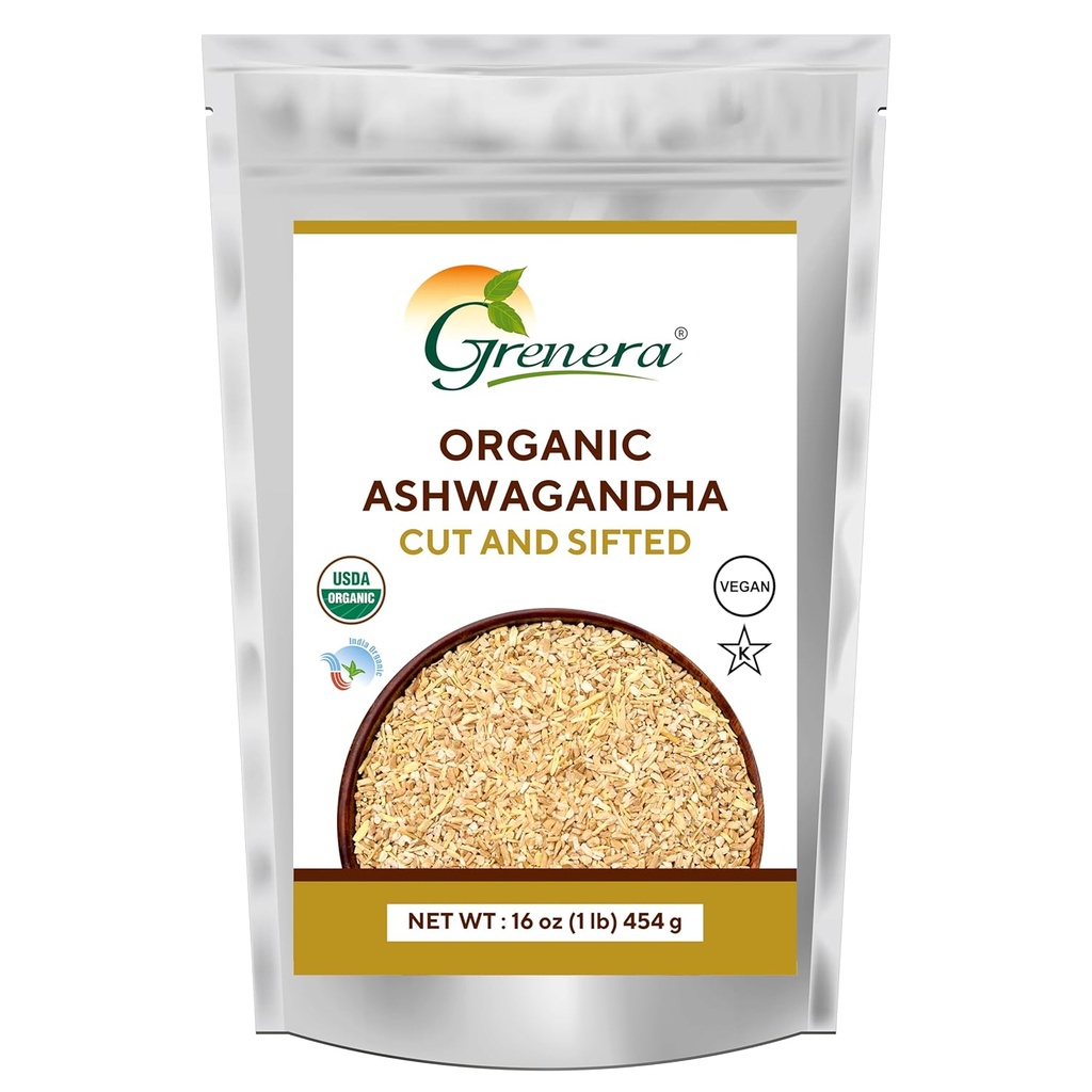 Grenera Organic Ashwagandha Root Cut og Sifted 1 LB, Withania Somnifera USDA Certificeret 3 til 5 mm størrelse, Bedste til at lave urtete