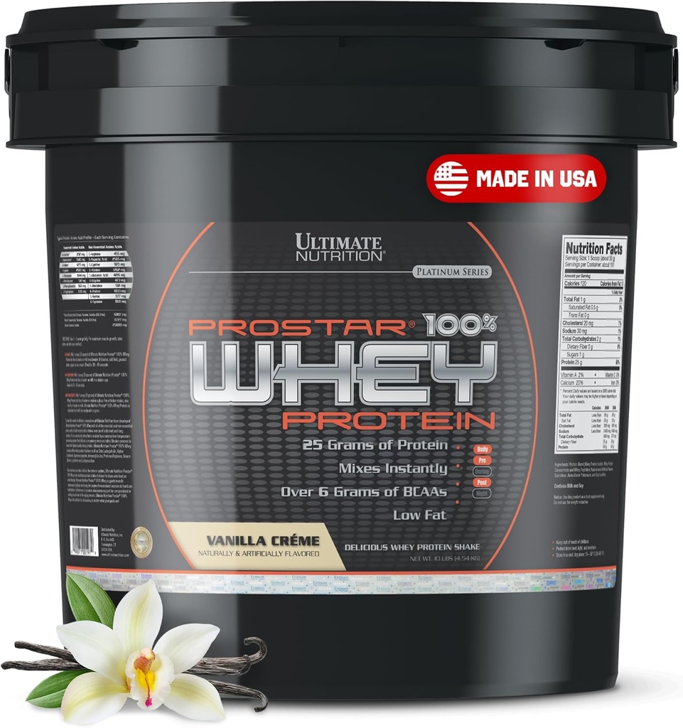 Ultimate Nutrition Prostar Whey Protein Powder Isolate, Vanilla - Low Carb, High Protein Powder Shake for Muscle Gain & Recovery - Lavnatrium, Low- Fat & Keto Friendly - 10 lbs Bucket