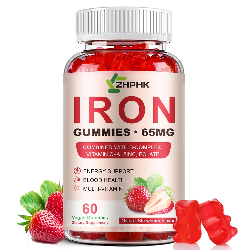 Jerntilskud Gummies, 65mg Jern og 250mg C-vitamin til kvinder Børn, Natural Vegan Iron Gummy med vitamin A, B- kompleks, Biotin, Zink & Folate Energy Support & Immunation, 60 Gummies