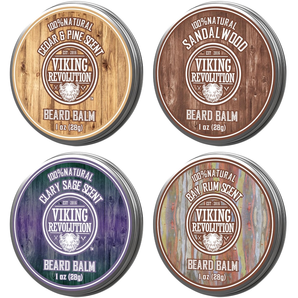 Viking Revolution 4 Beard Balm Variety Pack (1oz Hver) - Sandalwood, Pine & Cedar, Bay Rum, Clary Sage - Styles, Stronthens and Softens Beards and Mustaches - Voks til mænd