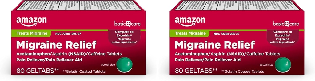 Basic Care Migræne Relief Geltabs, Acetaminophen, Aspirin (NSAID) og Koffein, 80 Greve (pakke med 2)