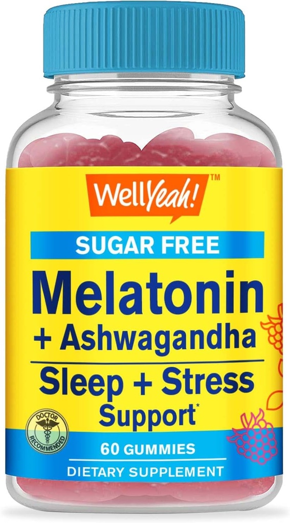 WellYe Melatonin (2 mg) med Ashwagandha (850mg) Sugar Free Gummies - Sleep & Stress Aid Supplement - med kamille, Lemon Balm, Lavender og Valerian - Natural Sourced Flavor - 60 Greve