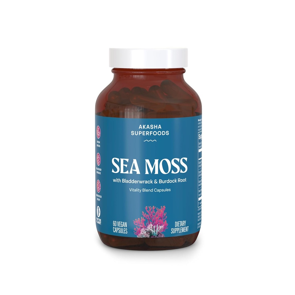 Akasha Superfoods Sea Moss Capsules, Organic Irish Moss med Bladderwrack Root, Burdock Root, og BioPerine, Hud, Thyroid, Fordøjelse & Immunitet Støtte til kvinder & mænd, Gluten Free, Vegan, 60 Greve