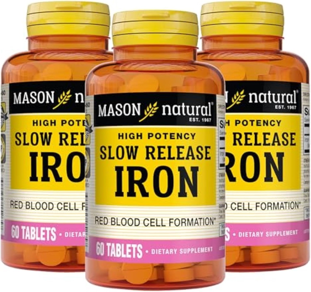 Mason Natural Slow, Release Iron (Ferrosulfate) 50 mg tabletter, 180 dages forsyning, høj potens supplement, let på mave, 3 Pack
