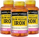 Mason Natural Slow, Release Iron (Ferrosulfate) 50 mg tabletter, 180 dages forsyning, høj potens supplement, let på mave, 3 Pack