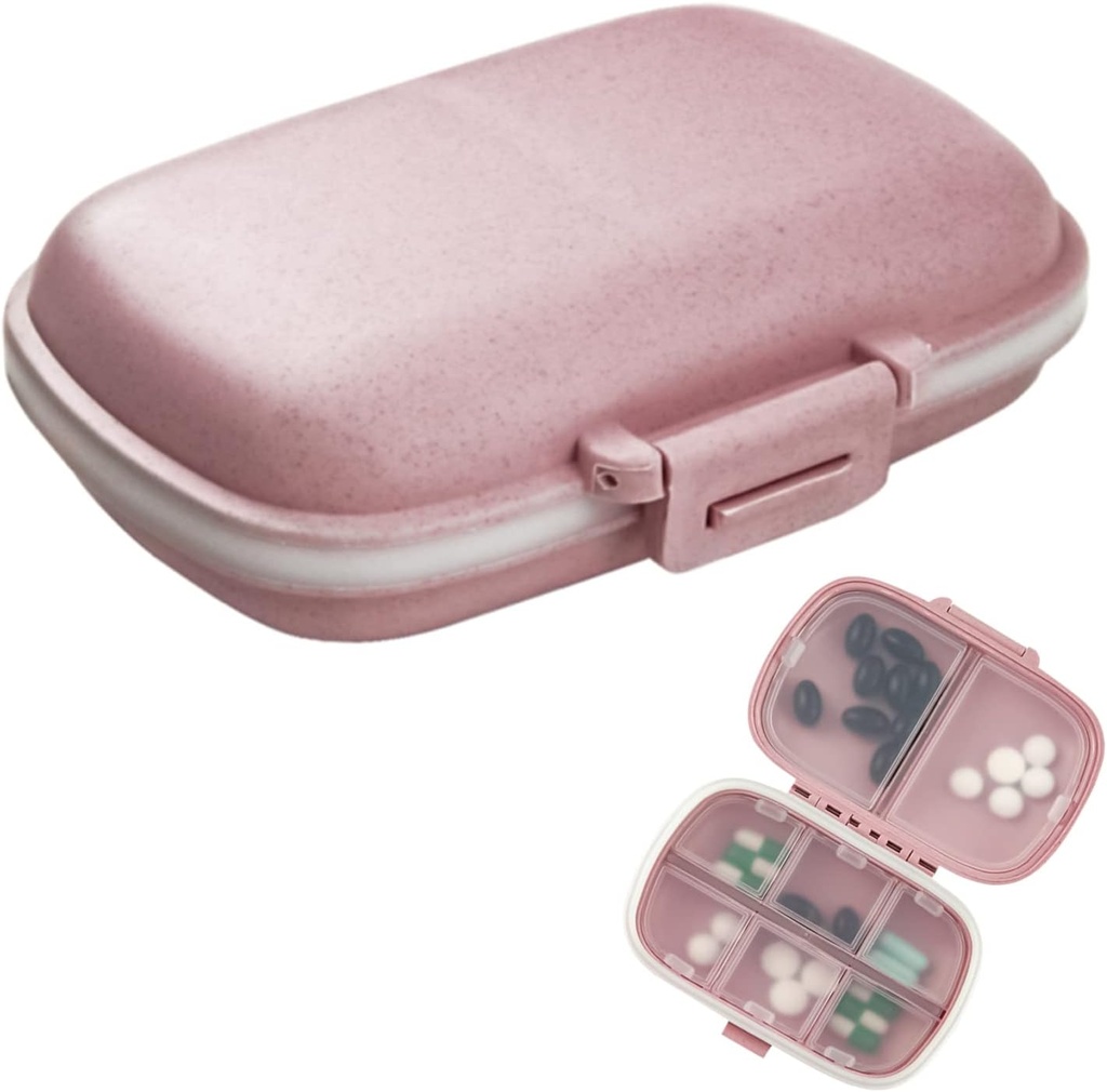 1Pack Travel Pill Organizer, 8 Compartments Portable Pill Case, Small Pill Box for Pocket Purse Portable Medicine Vitamin Container Pink