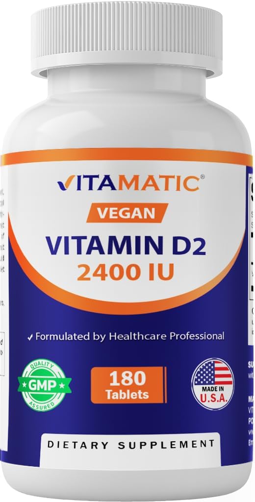 Vitamatic Vitamin D2 60 mcg (2400 IU) - Ergocalciferol - 180 Vegetarian Tablets (180 Tablets (Pack of 1)) (1 Bottle)