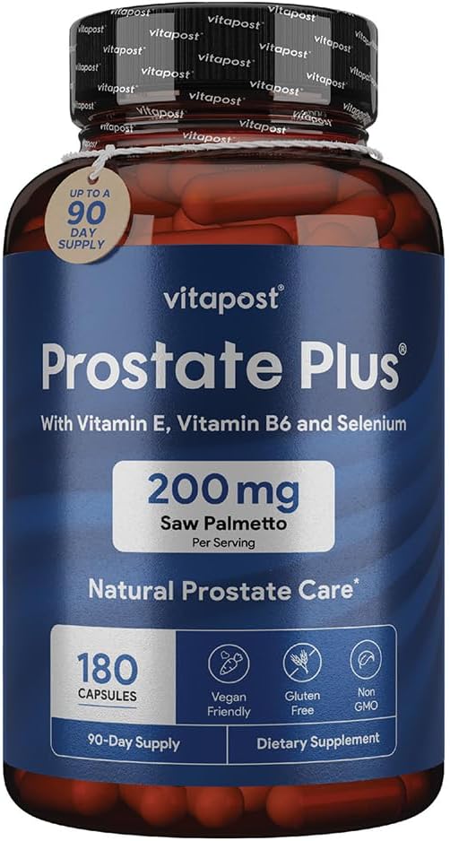 Prostate Plus Natural Prostate Care og Urinary Health Supplement for mænd beriget med Saw Palmetto, B6-vitamin, E-vitamin, Selen og zink. 180 kapsler