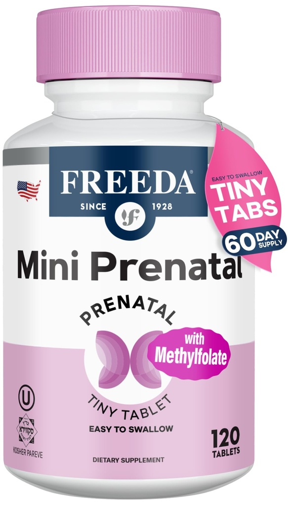 FREEDA Mini Prenatal Vitamin - Kosher Prenatals - Tiny Let at synke tabletter - Prenatal Vitamin med jern, Prenatal Folinsyre / Folate, D-vitamin - Pre Natal Multivitamin til gravide kvinder (120)