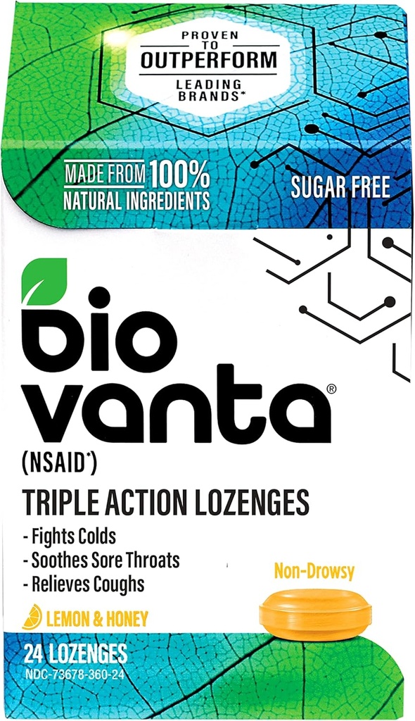 Biovanta naturlige ingredienser Sugar- Free Lozenges for Hough, Cold and Sore Throat, 24 Lemon Honey Throat Lozenges