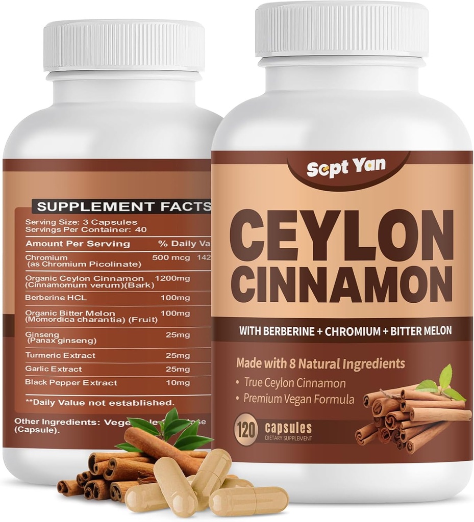 Ceylon kanel kapsler 1200mg kanel Bark kosttilskud med krom, berberine HCL & gurkemeje, Vegan, 120 kapsler, energi, Metabolisme, hjerte og immunforsvar