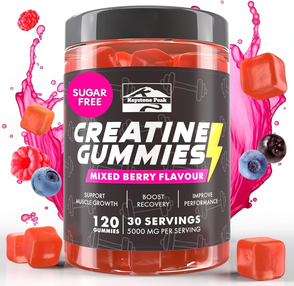 KP Creatinine Monohydrate Gummies Blandet Berry for Mænd og Kvinder, 100% Creatin Blandet Berry Gummies, 5g pr Servering + Vegansk, Sukker fri, Blandet Berry + Styrke, Energi, Muskel & Booty Gain - 120 Tæl
