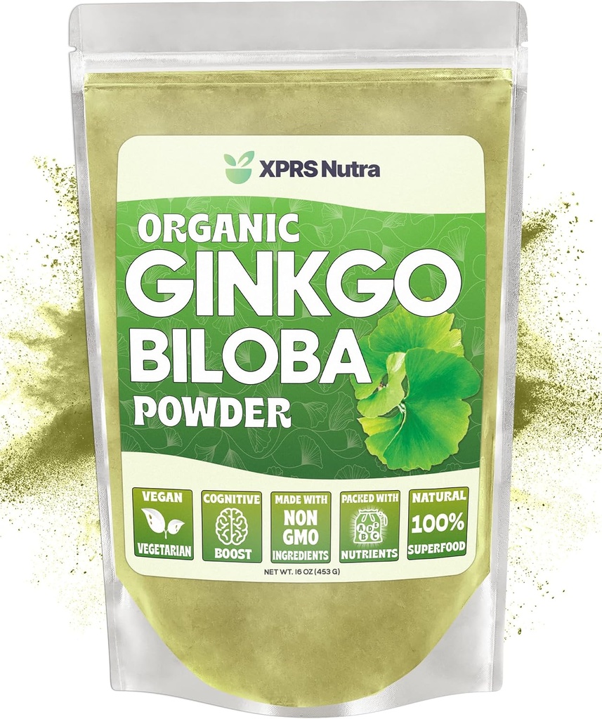 XPRS Nutra Organic Ginkgo Biloba Powder - Gingko Biloba Kosttilskud til kognition - Vegan Friendly Ginkoba Biloba Organic - Immunity Boosting Ginkgo Biloba Powder (16 oz)