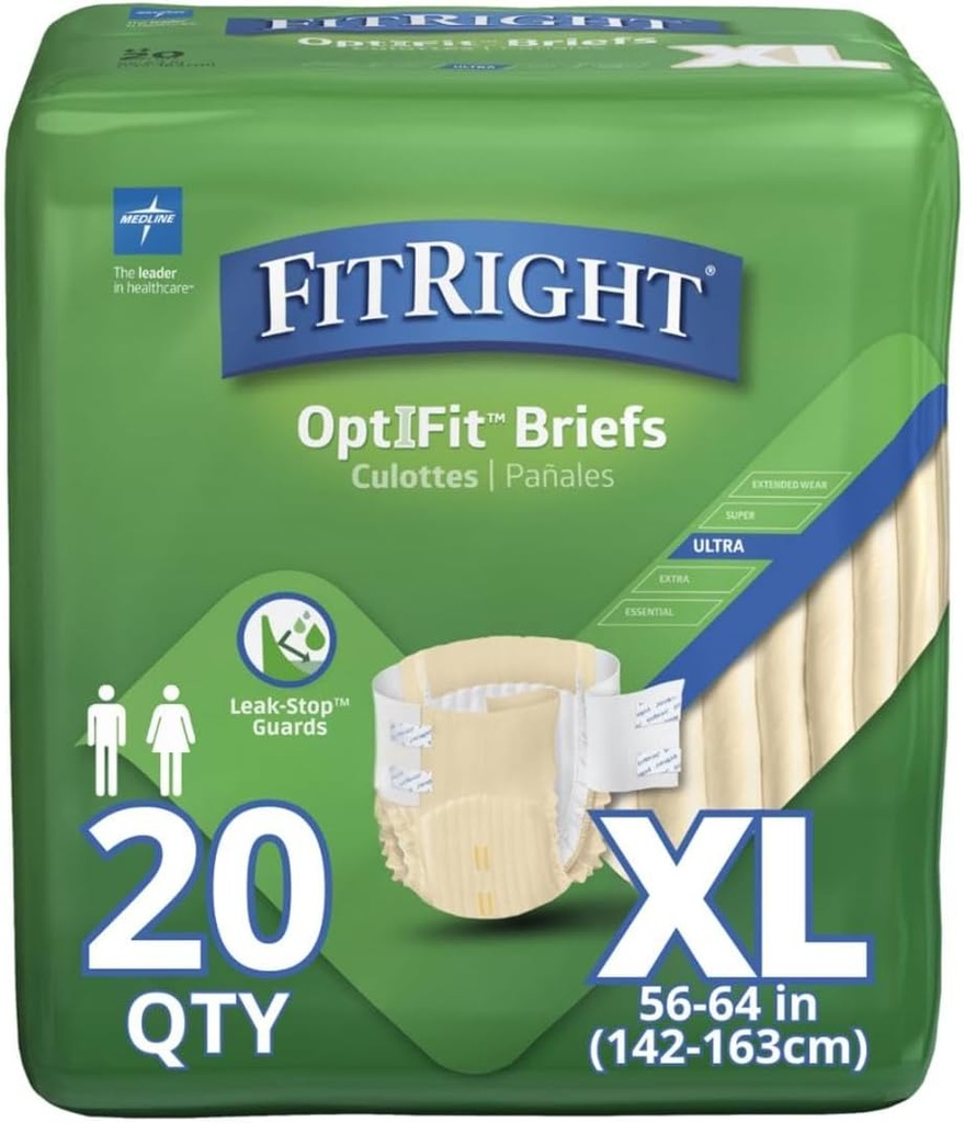 FitRight Voksenbleer, Ultra Heavy Absorbence, XL (Waist Størrelse 56in- 64in), 80 Greve, OptiFit Inkontinens Briefs for Mænd og Kvinder, Disponible, Fugt-Wicking, Læk Beskyttelse,