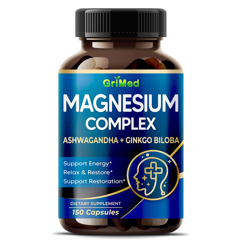 Magnesium Complex 8,600mg - x8 Power med Ashwagandha + Ginkgo Biloba - Slap af & genstarte, rolig søvn - USA Made & Testet (150 greve (pakke med 1))