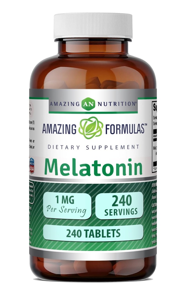 Amazing Formulas Melatonin 1 Mg tabletter (ikke GMO, Gluten Free) - Bedste valg af naturlige søvn støtte supplement - fremmer opkalkning og afspænding effekt - 240 tabletter - Egnet til vegetar