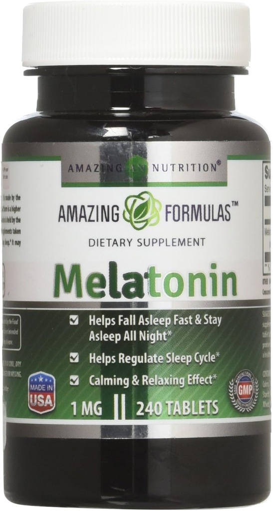 Amazing Formulas Melatonin 1 Mg tabletter (ikke GMO, Gluten Free) - Bedste valg af naturlige søvn støtte supplement - fremmer opkalkning og afspænding effekt - 240 tabletter - Egnet til vegetar