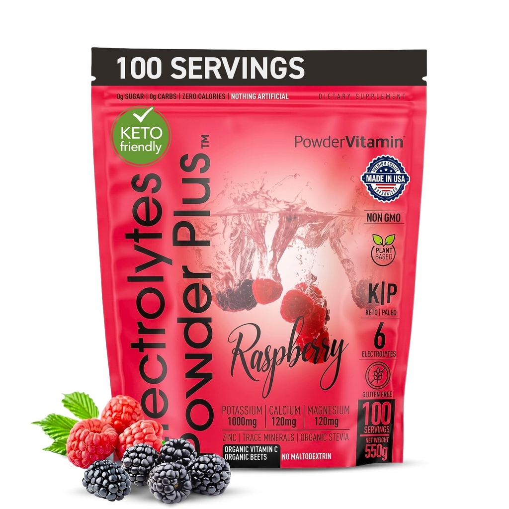 PowderVitamin Electrolytes Powder Plus (100 Servere) Raspberry Electrolyte Powder, Zero Calorie, Keto, 0 Sukker, Ingen Maltodextrin, 1000mg Kalium, 120mg Calcium, 120mg Magnesium, Energy Hydration Powder