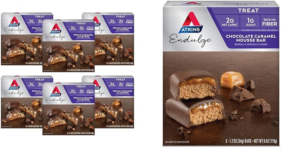 Atkins Pecan Caramel Clusters, 60 Count & Chocolate Caramel Mousse Barer, 5 Count - Lavsukker Dessert Favorites