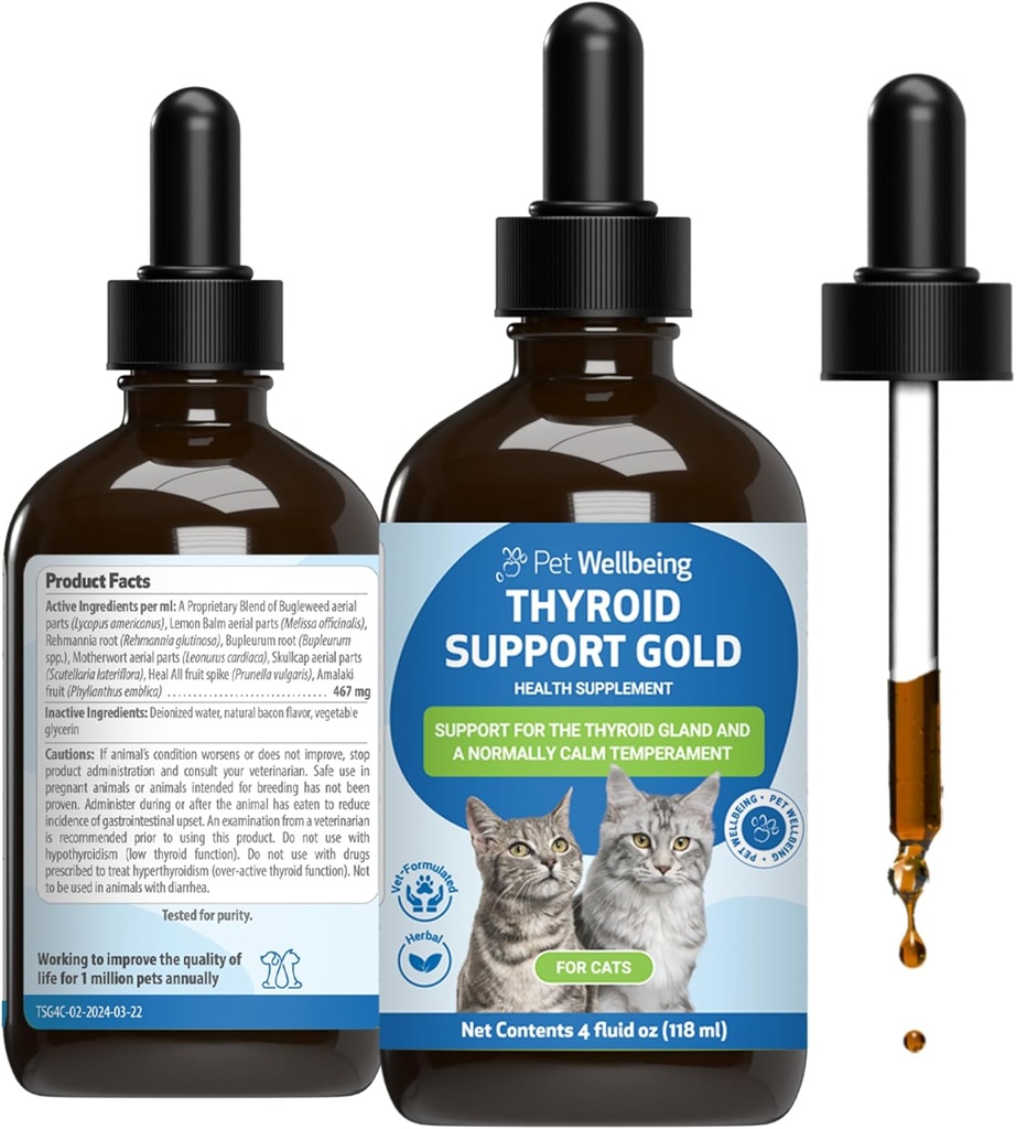 Pet Wellbeing Thyroid Support Gold for Cats - Understøtter sund Thyroid Gland funktion i Katte, Normal Metabolisme, Bugleweed, Lemon Balm - Veterinarian- Formuleret Herbal Supplement 4 fl oz (118 ml)