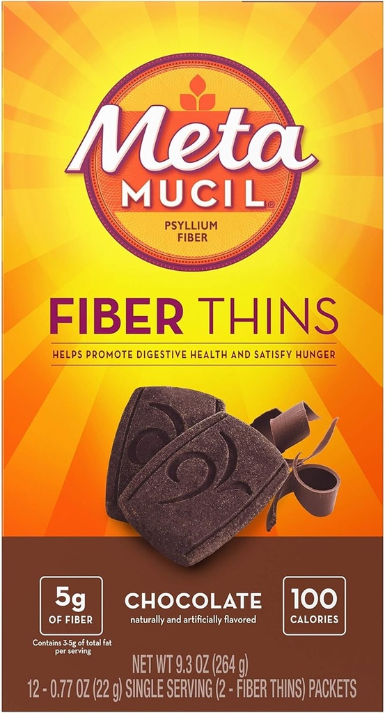 Metamucil Fiber Thins, Psyllium Husk Fiber Supplement, fordøjelsesmæssig sundhed støtte og tilfredsstillende sult, chokolade smag, 12 Servere