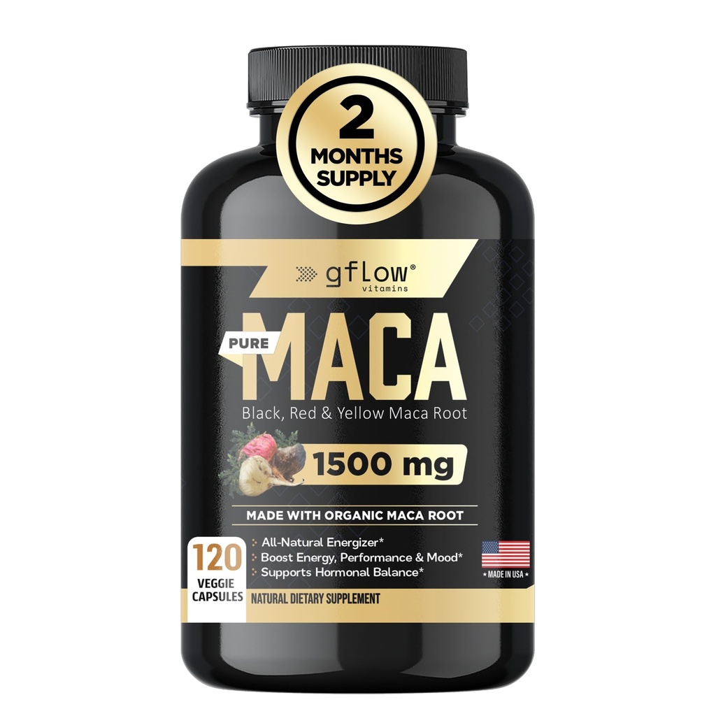Organic Maca Root Capsules for Women & Men - Sort, Rød, Gul Peruvian Maca Root Extract & Black Pepper - 120 Vegan Pills - Understøtter energi, Performance & Mood; 124; Lavet i USA